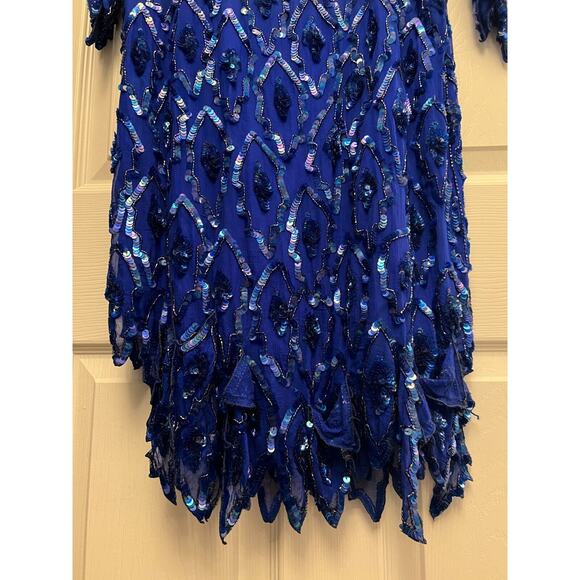 O.R. Silk Dress‎ Women's Small Blue Beaded Sequin Evening Cocktail Dress Vintage - Picture 7 of 15